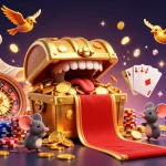 Tài xỉu sunwin showcases an enticing treasure scene with golden coins, poker chips, and a roulette wheel.