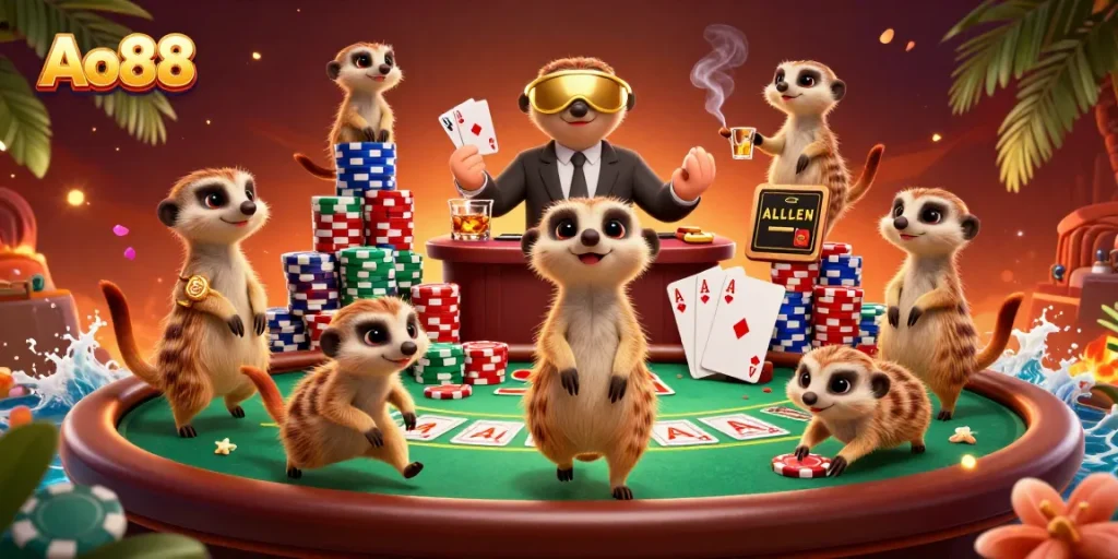 Experience action at Ao88's vibrant casino atmosphere with playful meerkats managing the games.