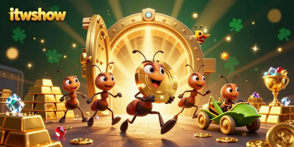 Experience thrilling heists in the vibrant world of itwshow with ants, a firefly, and a grasshopper amidst dazzling casino treasures.