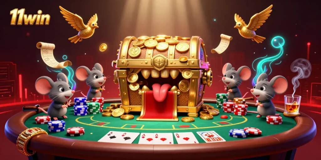 Experience the thrill of 11win poker with a lively scene of cards and treasure!