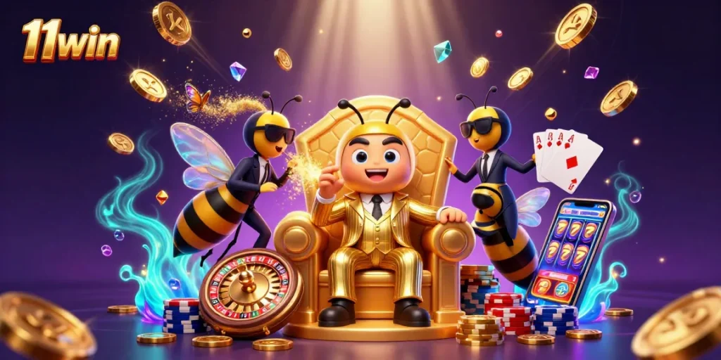 Engaging scene showcasing 11win with a bumblebee mob boss in a casino throne, surrounded by dynamic gambling elements.