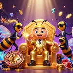 Engaging scene showcasing 11win with a bumblebee mob boss in a casino throne, surrounded by dynamic gambling elements.