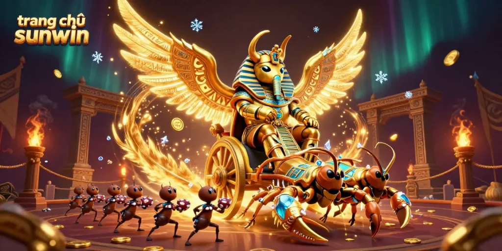 Win big at trang chủ sunwin with a dazzling 3D casino-inspired illustration of a golden scarab and scorpions.