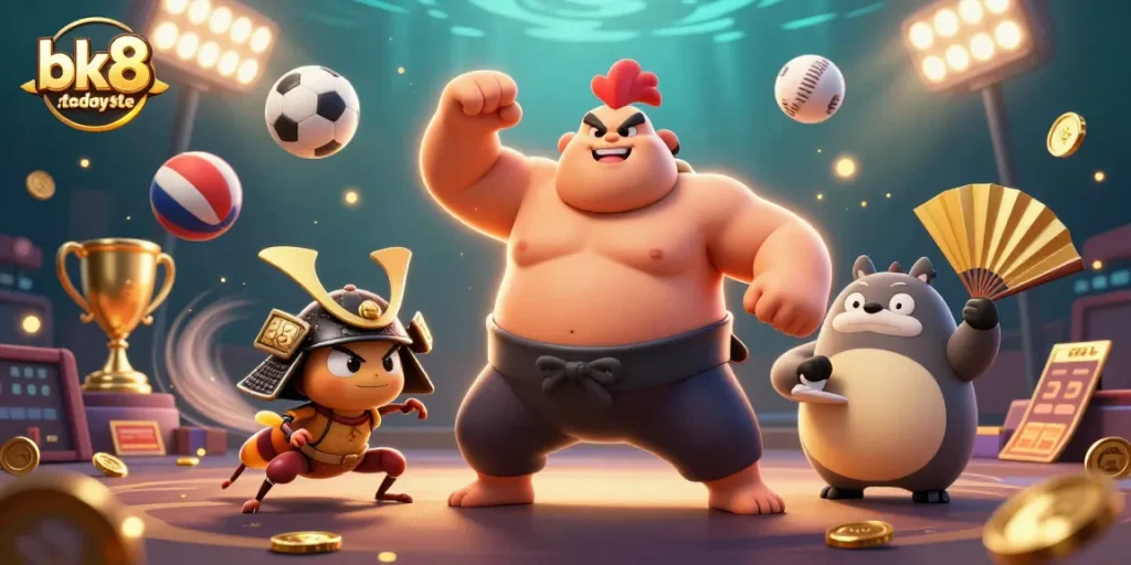 Watch the exciting showdown on the bk8.today website with a dynamic scene of a sumo wrestler, samurai cricket, and tanuki announcer!