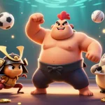 Watch the exciting showdown on the bk8.today website with a dynamic scene of a sumo wrestler, samurai cricket, and tanuki announcer!