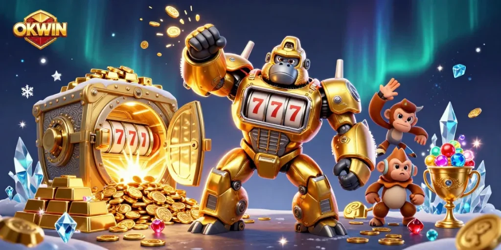 OKWIN's engaging slot game with a golden mech and shining treasures, showcasing fun gaming excitement.