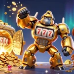 OKWIN's engaging slot game with a golden mech and shining treasures, showcasing fun gaming excitement.
