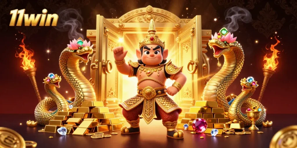 Play at 11win and experience an enchanting scene with a Thai guardian and treasure in a vibrant casino setting.