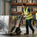 Worker using a pallet truck stainless steel in a busy warehouse environment, demonstrating industrial efficiency.