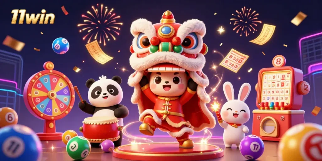 Win big with 11win's gaming fun featuring a lively lion dance, drumming panda, and colorful lottery elements.