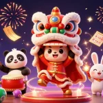 Win big with 11win's gaming fun featuring a lively lion dance, drumming panda, and colorful lottery elements.