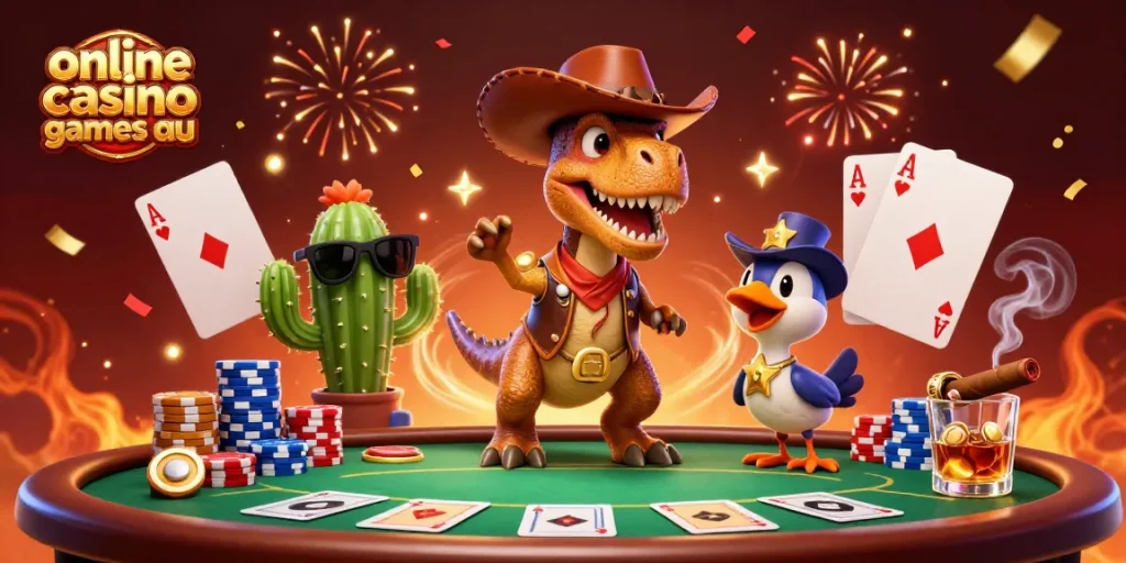 Experience fun with online casino games au featuring a vibrant T-Rex and poker elements.