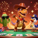 Experience fun with online casino games au featuring a vibrant T-Rex and poker elements.