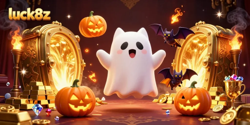 Engage in exciting gameplay with luck8z as you encounter a floating ghost cat amidst treasures in a casino