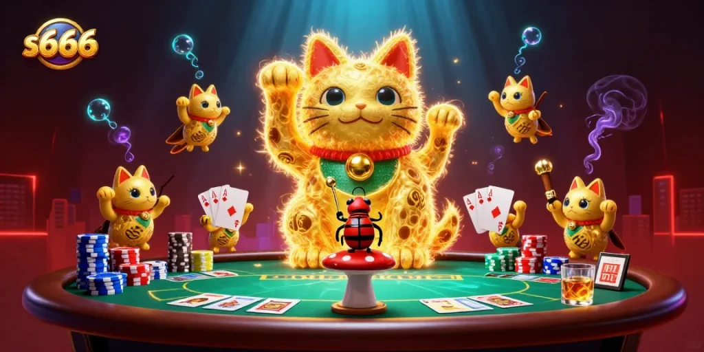 Engage with thrilling s666 experiences featuring a lucky cat and vibrant casino elements.