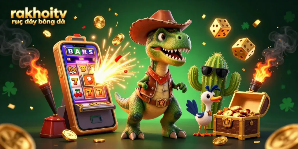 Engage in rakhoitv trực tiếp bóng đá with vibrant casino scene featuring T-Rex and jackpot elements.